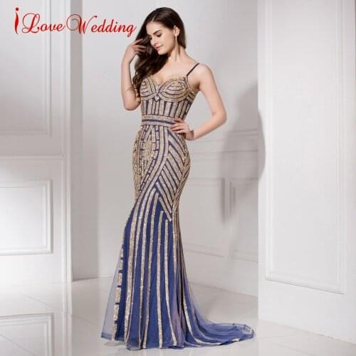 Mermaid Evening Dresses Crystal Beads Formal Party Gowns with Spaghetti Strap Long robe de soiree Formal Gown