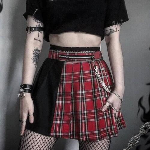 Women Red Plaid Skirt High Waist Gothic Lolita Black Patchwork Pleated Skirts E Girl Fashion Dress with Chain Streetwear