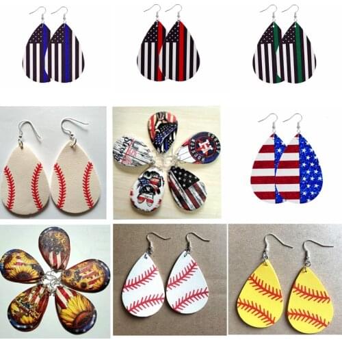 New Womens Faux Leather Floral Print Teardrop Dangle Pierced Earrings