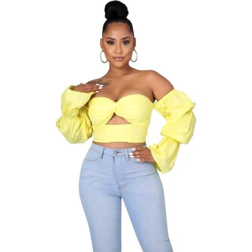 2021 New Arrival Solid Color Off Shoulder Long Sleeve Crop Top Female Hollow Out Backless Holiday Party Sexy T Shirt Blouses