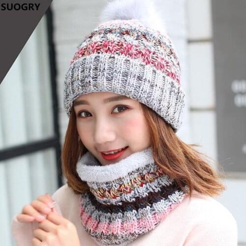 Winter New Warm Girls Beanies+Scarf Sets Knit Fight Color Women Plush Thick Caps+ o Ring Collars Suits Adult Two Pc Crochet Hats