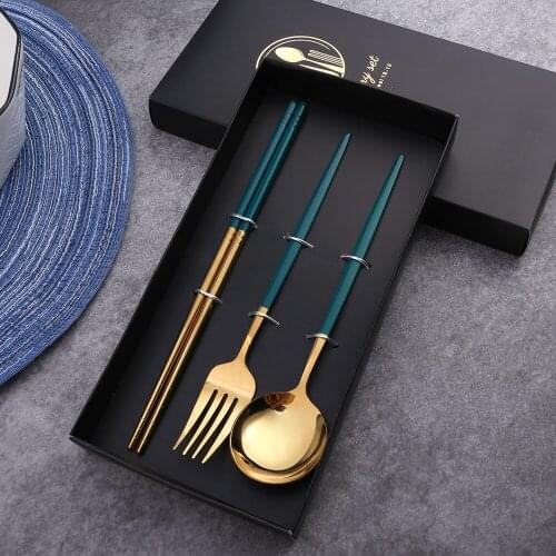 3pcs/set Stainless Steel Spoon Fork Chopstick Knife Set with Storage Gift Box Coffee Dessert Fork Spoon Kitchen Tableware Set