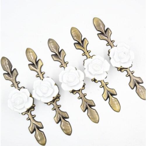 5pcs/Set Pink Rose Flower Ceramic Alloy Base Door Handle Large Size 170mm Kitchen Cupboard Drawer Cabinet Furniture Pulls Knob