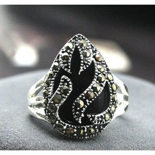 Free Shipping 11*14mm NEW INLAY BLACK MARCASITE 925 STERLING A RING SIZE 7/8/9/10