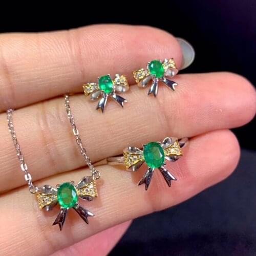 Elegant lovely bow Butterfly Natural green gem Ring Pendant earrings Natural Gemstone Jewelry Set S925 Silver girl party jewelry
