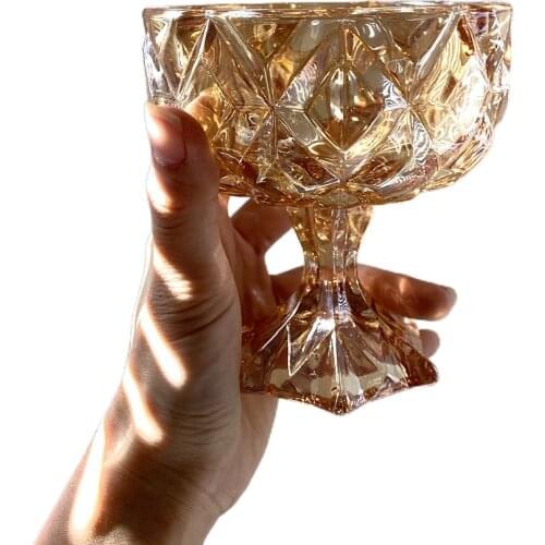 Crystal Glass Retro Amber Embossed Goblet Salad Fruit Dessert Cup Yogurt Ice Cream Cup Strawberry Kawaii Bottle Drinkware