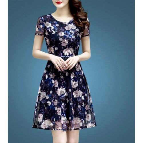 Summer Dress Floral Mesh Female O-neck New Style Ladies Chiffon Temperament Vintage Slim Mother For Party 7950