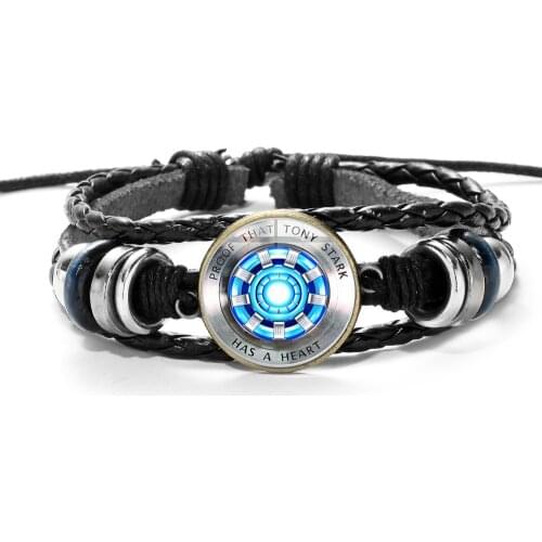 Hot Marvel Avengers Leather Bracelet Action Figure Toys Iron Man Action Tony Stark Arc Reactor Printed Glass Gem Bracelet Gifts