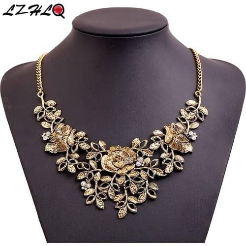 LZHLQ Vintage Rhinestone Flower Necklace Fashion Metal Wholesale Women Clavicle Necklace Statement Brand Jewelry Accessories
