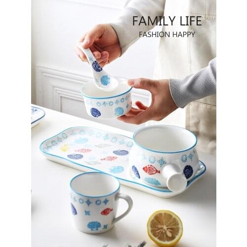 Japanese hand-painted ceramic breakfast plate set household soup rice bowl dessert afternoon tea cup spoon tableware one person