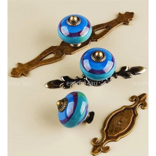 New Ceramic Blue Cabinet Door Knob Furniture Room Drawer Single Hole Handle American Retro Hand-painted Small Pulls Handles