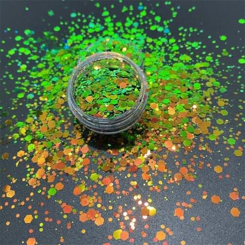 New Color Shifting Hexagon Shape Chunky Glitter Powder Mixed Green Yellow Golden Color Chameleon Glitter For Nail Art Decoration
