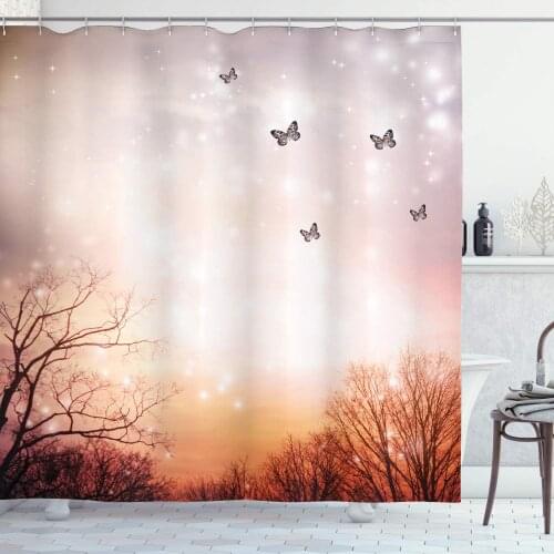 Orange Black Butterfly Shower Curtain Dreamy Butterflies Over Trees Romantic Fantasy Blurry Sky Design Bathroom Curtain
