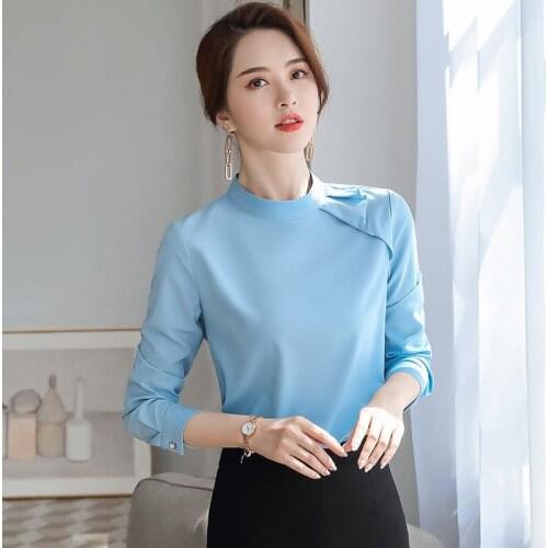 IZICFLY New Style Autumn Spring Blue Stand Collar Shirt Women Office Uniform Casual Tops Fashion Korean Slim Business Blouse