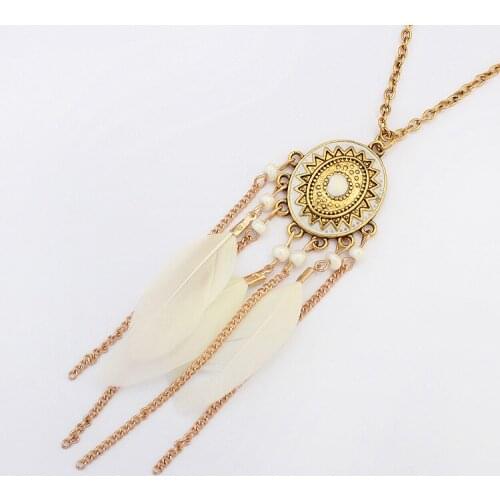 Fashion Bohemian Jewelry Disc Feather bead Tassel Pendant Necklace For Women statement Necklace Jewelry