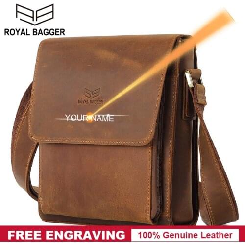 Royal Bagger Casual Messenger Bags for Men Crazy Horse Leather Man Shoulder Bag Genuine Cowhide Sling Pocket European Fashion