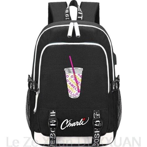Girls Backpack Fashion Teenager Bookbag Charli D'Amelio Printing Canvas USB Charging Backpacks Laptop School-Bags Travel Female