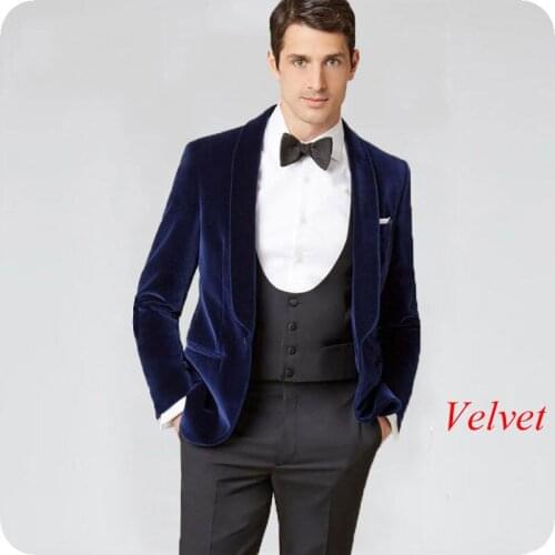 Navy Blue Velvet Men Suits Smoking Wedding Groom Tuxedo Shawl Lapel Tailored Male Blazers 3Piece Slim Fit Jacket Pants Vest Prom