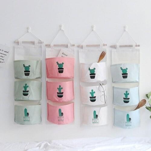 Three pocket hanging bag wall cotton linen cloth art hanging storage hanging bag