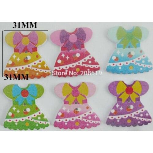 WBNNKW Various Colors Mix 120pcs 31mm*31mm Skirt Shape Children Buttons 2 Holes Wood Scrapbooking sewing Accessories
