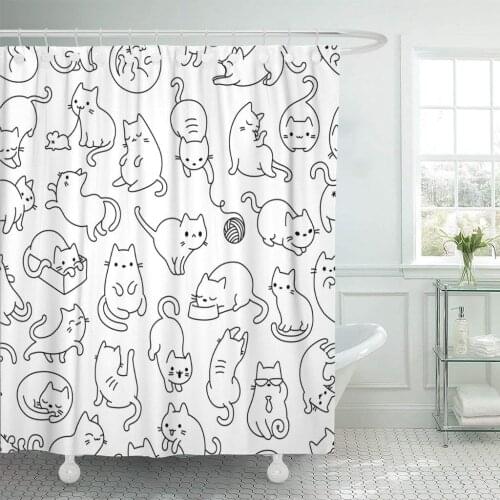 Pattern Cute Cats Kitty Kitten Cartoon Outline White Shower Curtain Waterproof Polyester Fabric 60 x 72 Inches Set with Hooks