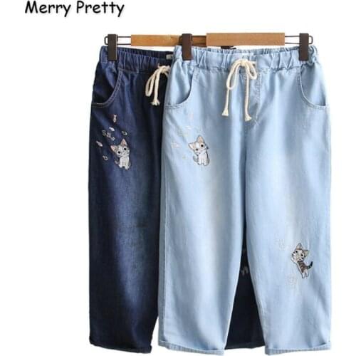 Womens Denim Pants Cartoon Cat Embroidery Pockets Jeans For Girl 2020 Spring New High Waist Calf Length Pant MERRY PRETTY