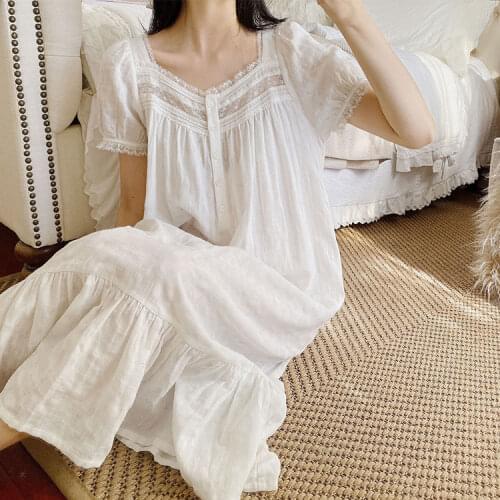 Womens Lolita Dress Cotton Princess Sleepshirts Vintage Lady Girls Buttons Placket Nightgowns Nightdress Cute Pajamas Loungewear