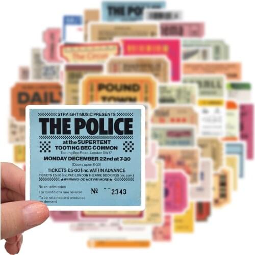 25/50pcs Retro Airline Boarding Pass Ticket Music Rock Band Stamp Stickers Car Suitcase Helmet Skateboard Scrapbooking Sticker