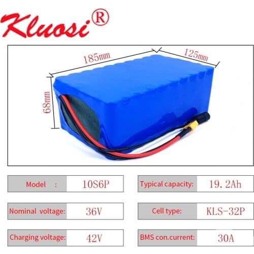 KLUOSI 10S6P 36V 19.2Ah 20A 36V Battery 1000W with 30A BMS 37V Lithium Battery Pack for Ebike Electric Car Bicycle Motor Scooter