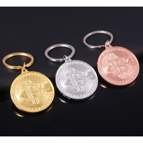 Silver Color Big Round Bitcoin Keychain For Women Man Simple Design Virtual Commemorative Coin Keyring Car Bag Key Chains B091