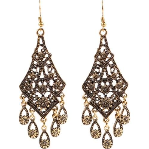 CRLEY Vintage Rhombus Hollow Drop Earring With Water Drop Shape Decor Antique Style Ethnic Dangle Drop Earrings Femme Jewelry