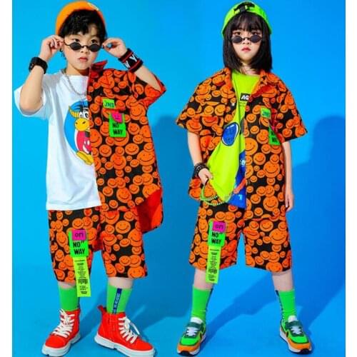 Kids Concert Hip Hop Clothing Print Oversized Shirt T Shirt Top Streetwear Summer Shorts for Girl Boy Dance Costume Clothes Set