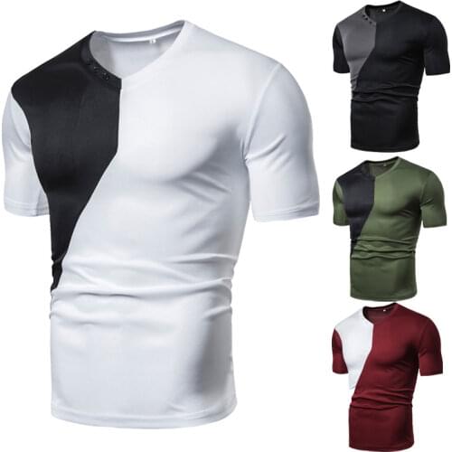 New style Summer Mens T-Shirts Solid Color Splicing Casual Breathable Sports Slim Fitting Short Sleeve V-Neck Sports T-shirt