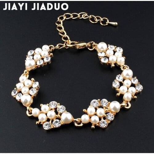Jiayijiaduo Simulation pearl bracelet ladies gold color link chain crystal bridal wedding jewelry bracelet and bracelet 808