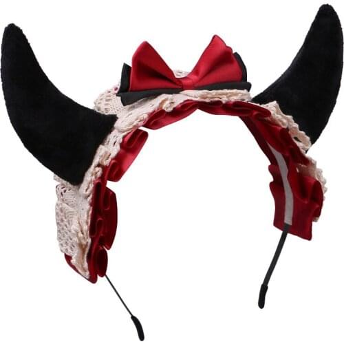 Anime Cosplay Devil Horns Lace Ribbon Bow Headbands Hair Hoop Women Girls Party Club Costume Decor Accessories
