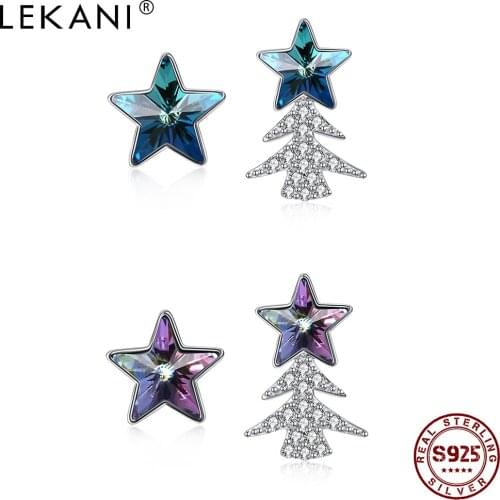 LEKANI 925 Sterling Silver Drop Earrings For Women Asymmetric Christmas Tree And Pentagram Blue Crystal Earrings Trend 2020