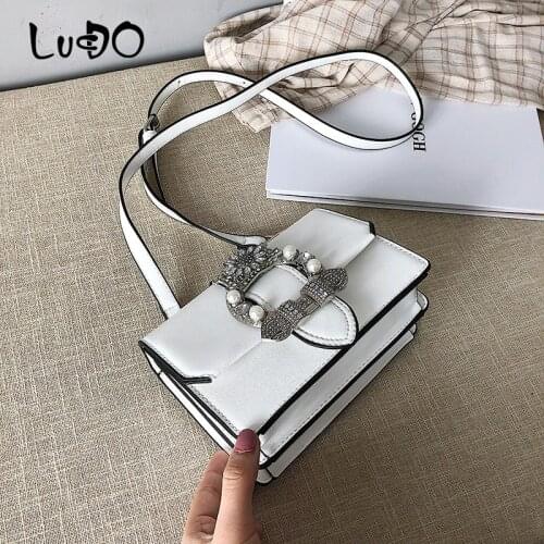 LUCDO Luxury Diamond Handbags High Quality PU Leather Shoulder Messenger Bag Ladies Small Pearl Square Bag Fashion Crossbody Bag