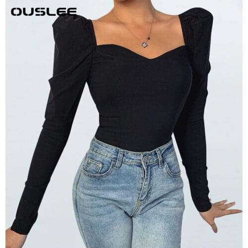 OUSLEE 2021 New Summer T Shirt Women White Square Neck Puff Sleeve Bodycon Top Female Sexy Black Slim Tee Tops Femme Streetwear