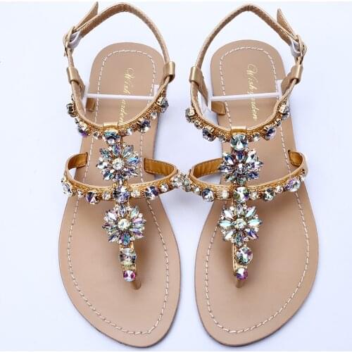 NEW summer Women`s beach sandals lady shining rhinestones shoes bohemia diamond T-strap thong flip flops comfortable Boho shoes