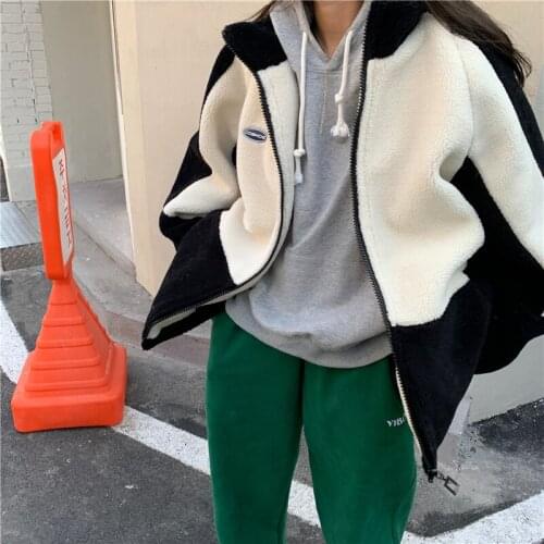 Coat winter simple embroidery letters retro all-match color matching polar fleece pull cotton zipper college style coat