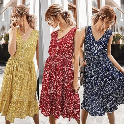 2021 Summer Womens Dress Small Floral V-neck Dress Commuter Dress Print Sleeveless Dress Button High-waisted Women Dress