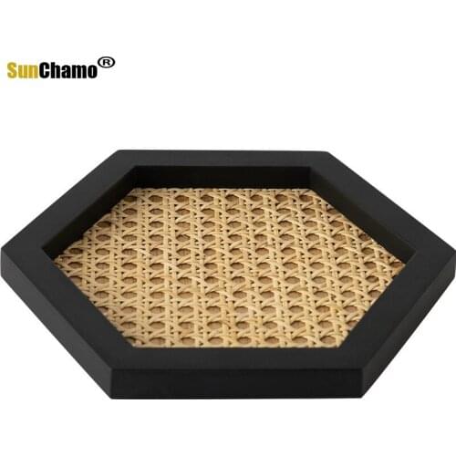 Home Nordic Rattan Woven Wooden Storage Plate Handmade Ins Wind Rectangular Geometric Ornament Key Storage Tray