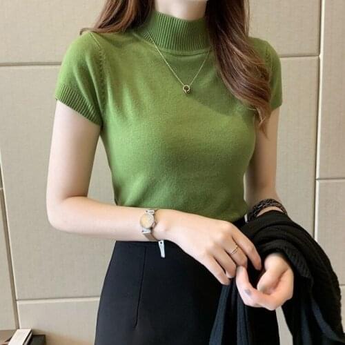 Half high collar womens short sleeve thin knitted shirt autumn winter bottoming shirt with sweater for slim fit turtleneck