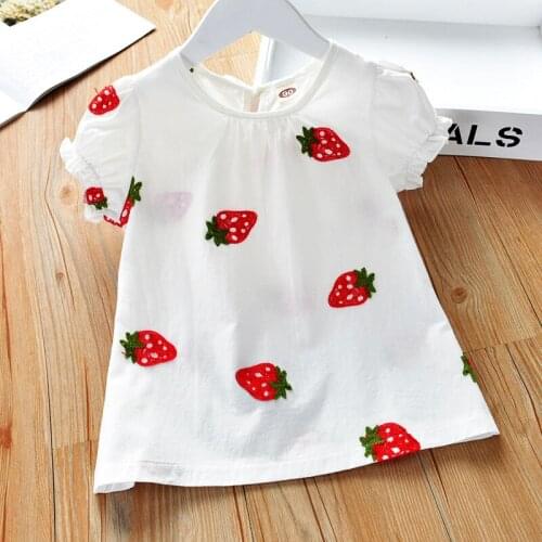 Cute Strawberry White Cotton Girls Summer Tshirt Tops Puff Sleeve Embroidery Baby Girl Dress Shirts Kids clothes for 1.5-6T