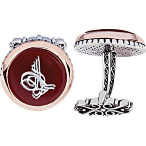Silver Agate Gemstone Ottoman Tuğralı Round Pattern Cufflinks