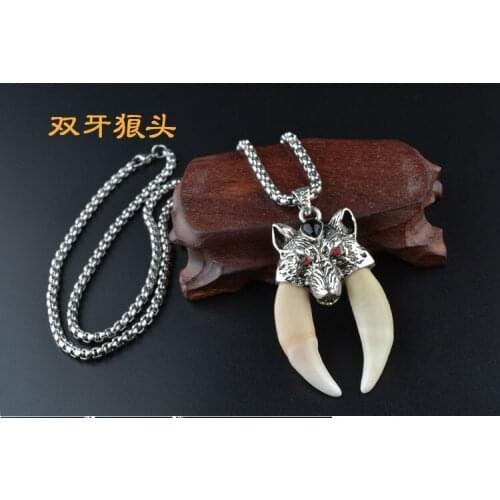 TOP COOL fashion PUNK gift efficacious Mascot Tibetan silver Necklace Wolf tooth Totem Faith safe Exorcise evil Pendant Amulet