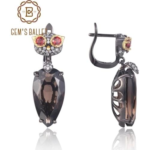 GEMS BALLET 925 Sterling Silver Gemstone Earring For Women Natural Smoky Quartz Owl Design Drop Earrrings Handmade Fine Jewelry