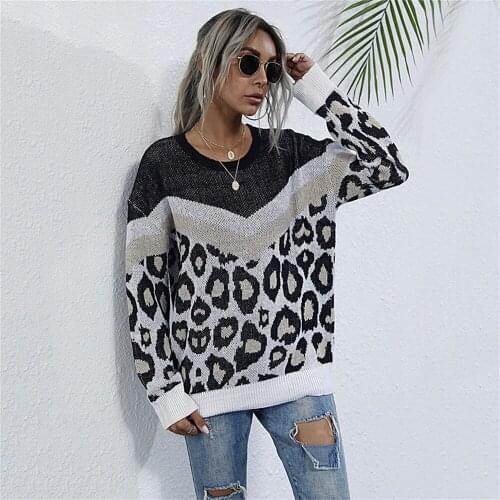 Fashion Leopard Patchwork Jumper Sweater Women 2020 New Casual Full Sleeve Autumn Winter Ladies Knitted Sweater Pullovers Top