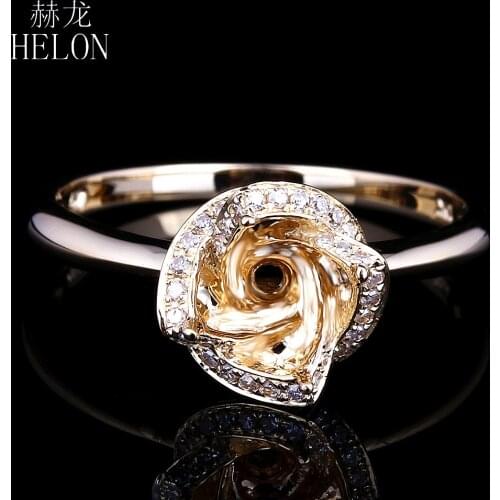HELON 6mm Round Solid 10K Yellow Gold Pave Natural Diamonds Trendy Flower Fine Jewelry Semi Mount Engagement Ring Women Gift