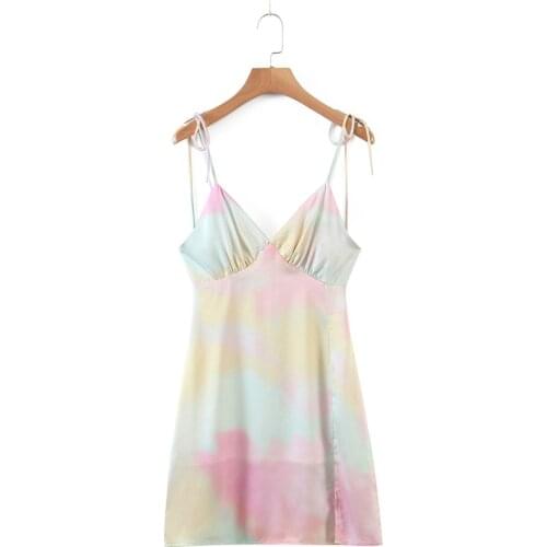 2021 Summer Silk Color Sling Dress European and American Tie-dye Lace-up V-neck Side Slit Short Dress Ladies Sexy Clothing New